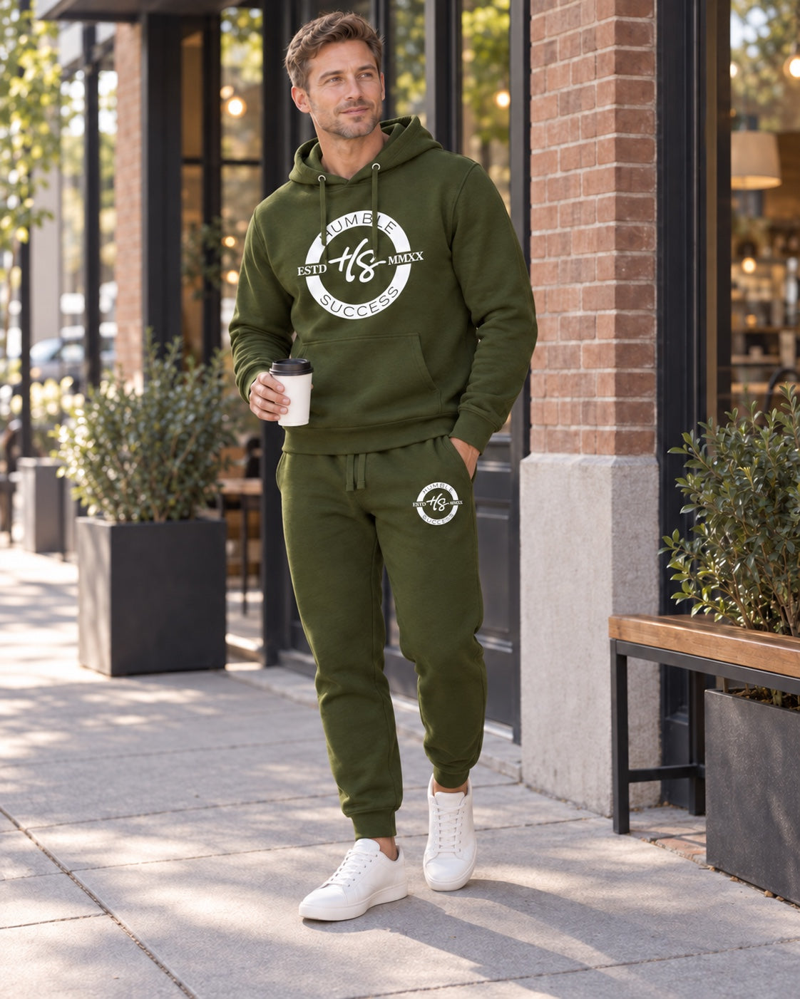 Persona 3 wearing the Humble Success army green sweatsuit